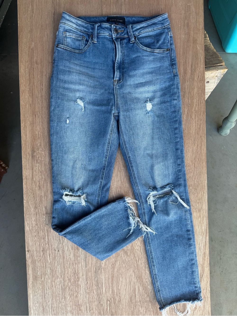 Risen High Rise Blue Distressed Skinny Jeans
